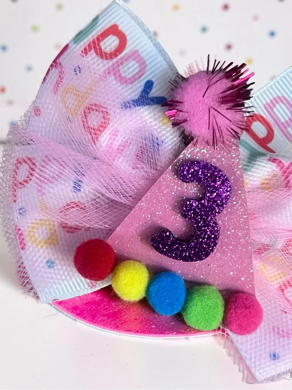 Boutique 3rd Birthday Pink Tulle Glitter Party Hat Hair Bow Clip